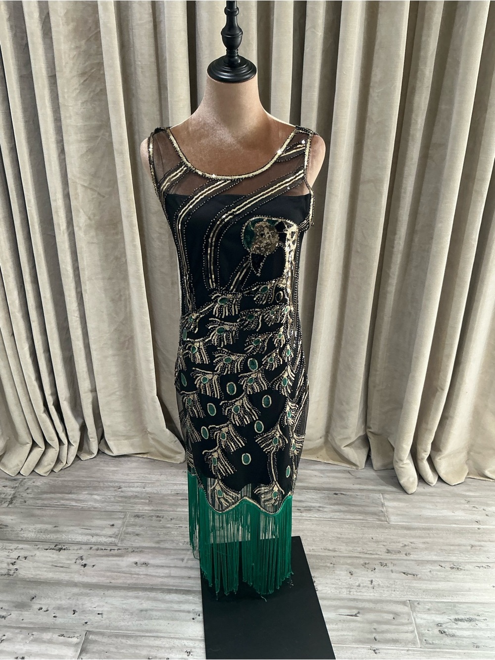 Black and Green Beaded Fringe Evening Dress